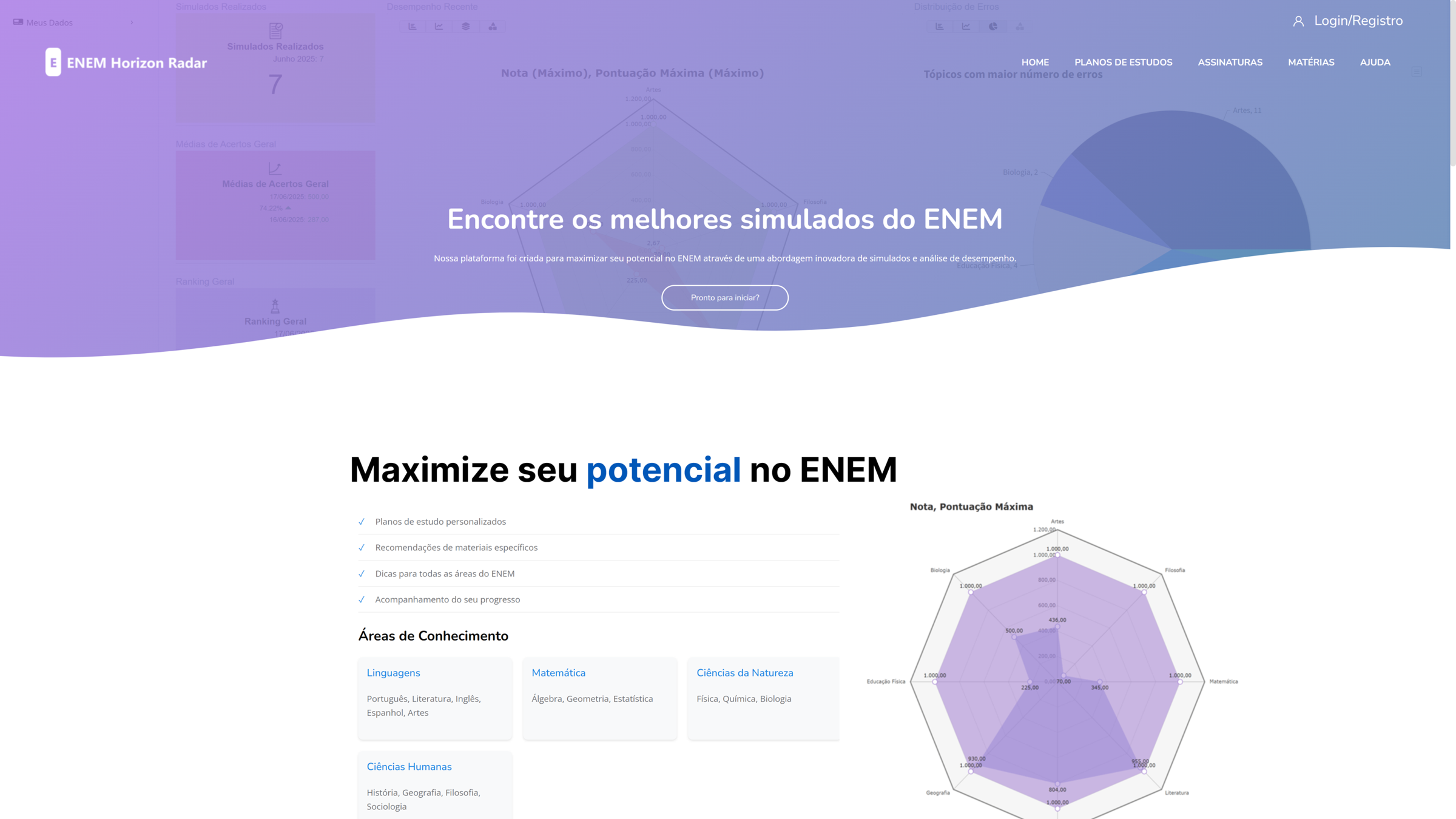 Tela inicial do Enem Horizon Radar com o texto Encontre os melhores simulados do ENEM