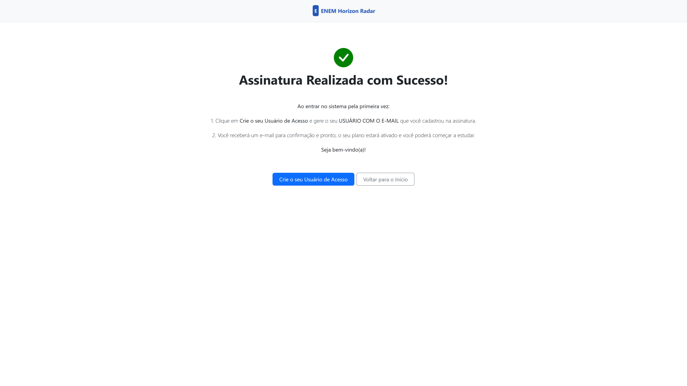 Tela de confirmação de assinatura bem-sucedida.