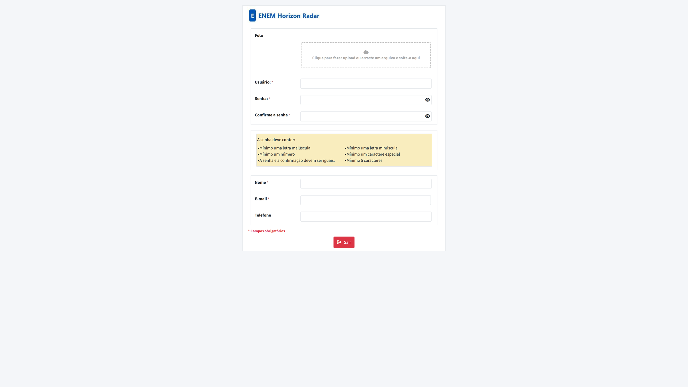 Tela de login da plataforma.