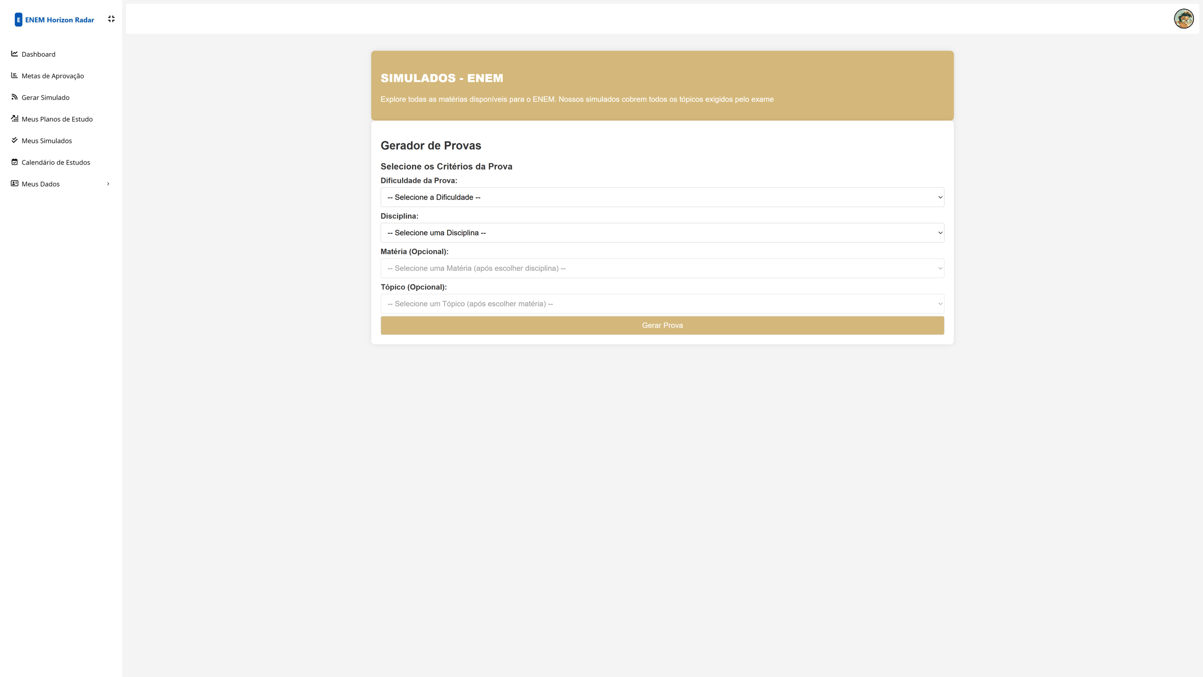 Interface para iniciar um simulado