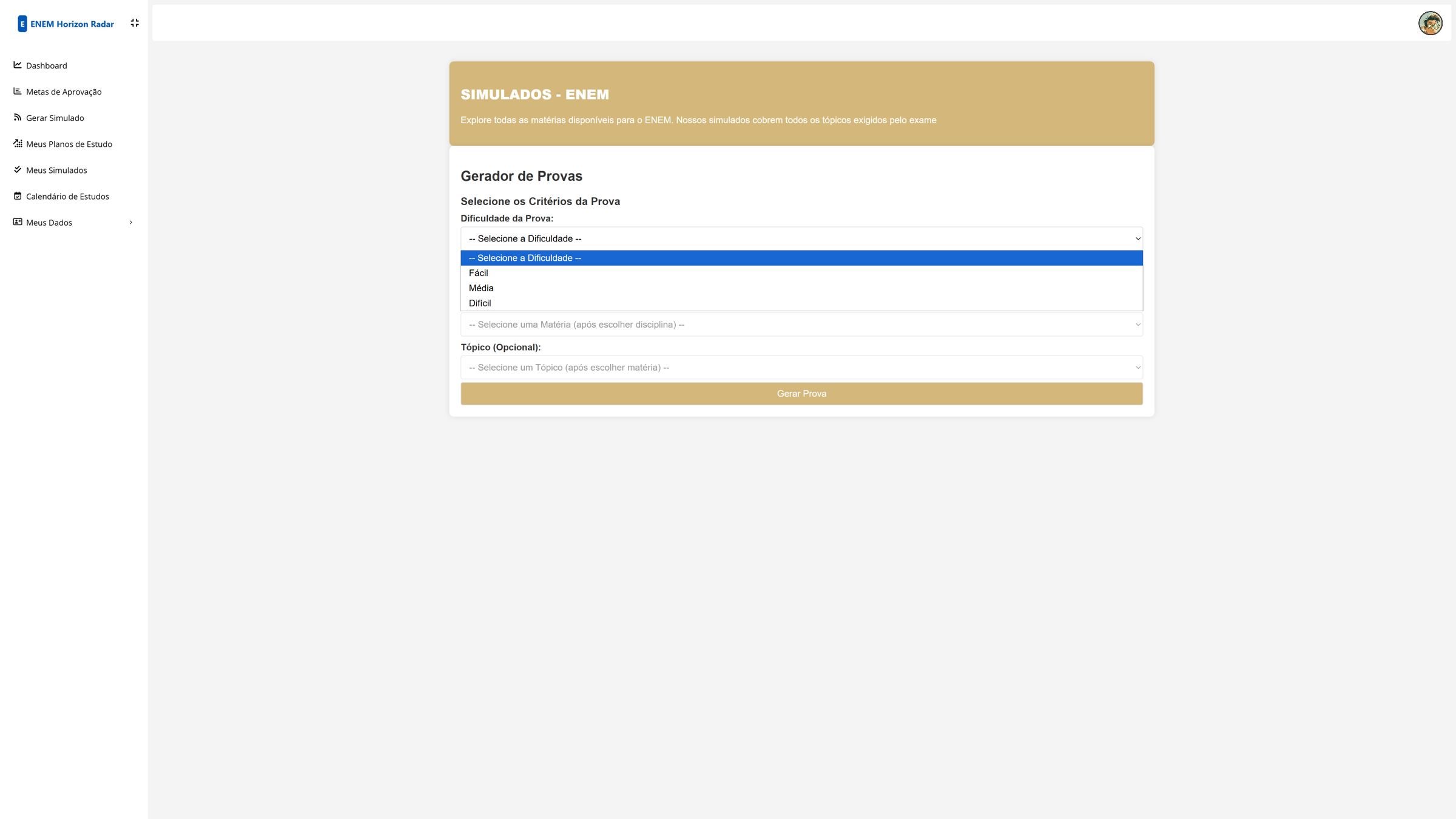 Interface para iniciar um simulado