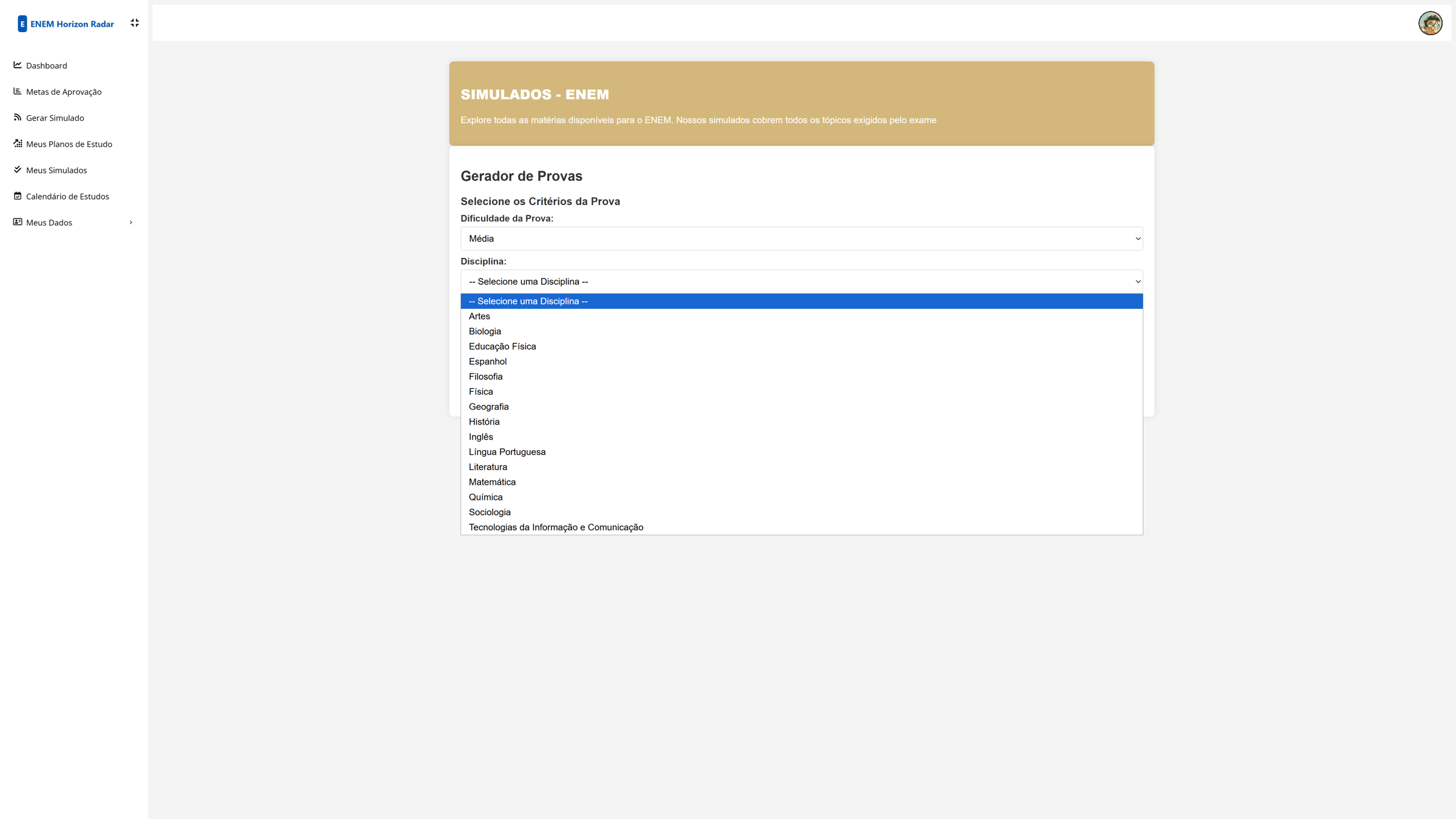 Interface para iniciar um simulado