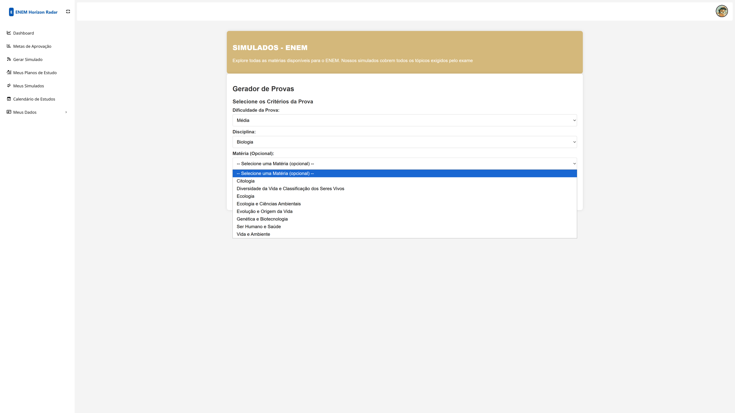 Interface para iniciar um simulado