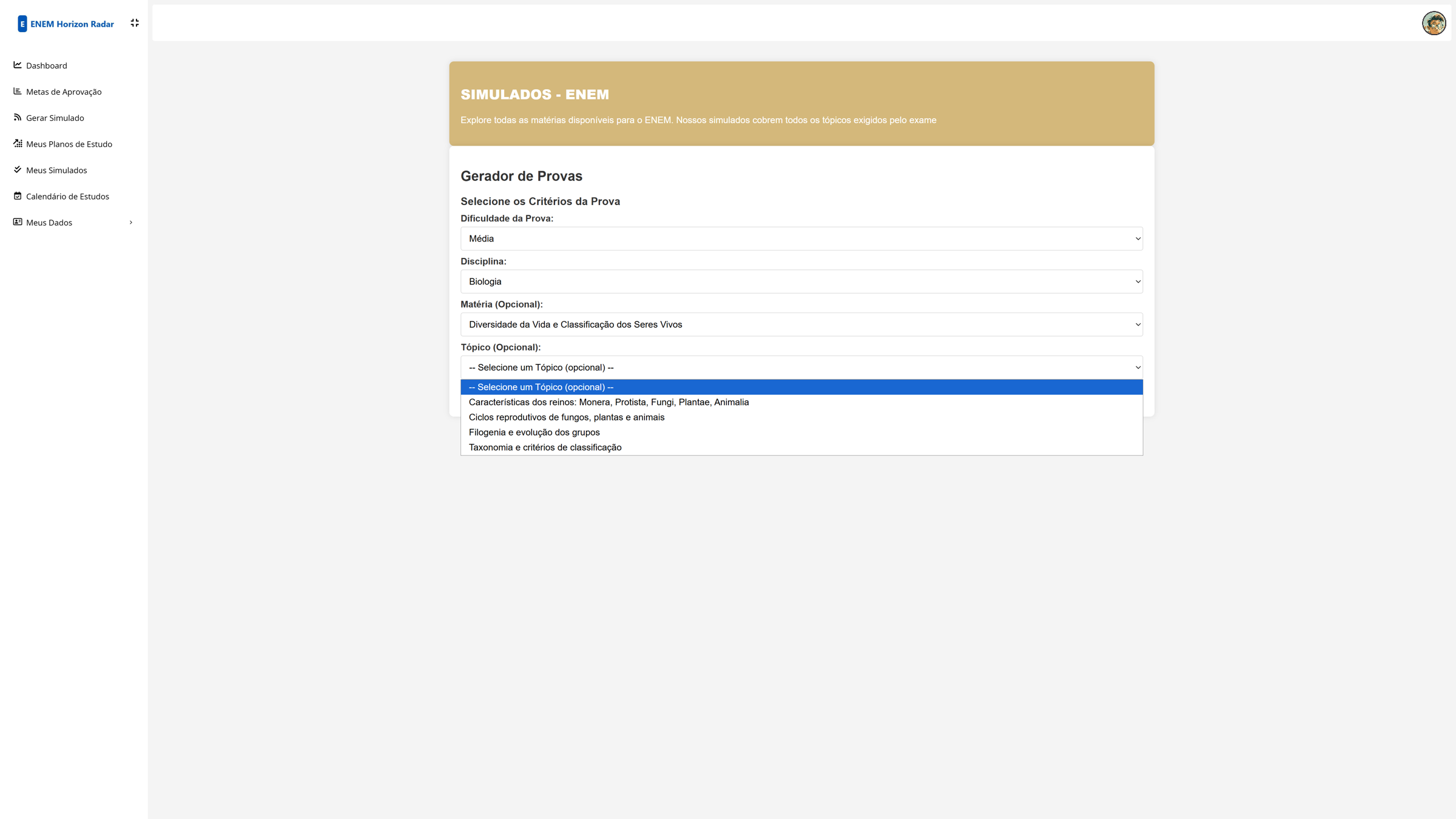 Interface para iniciar um simulado