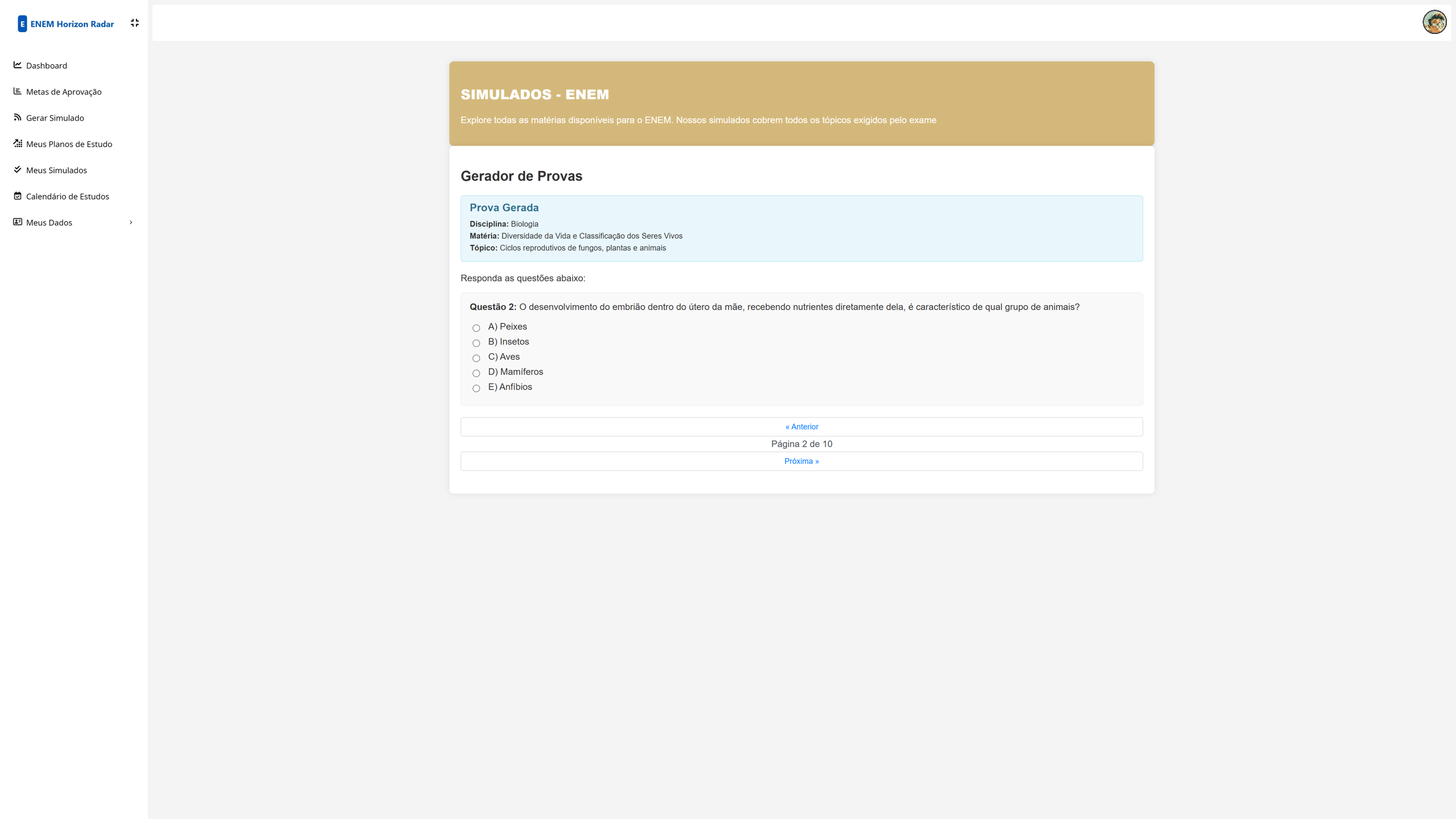 Interface para iniciar um simulado