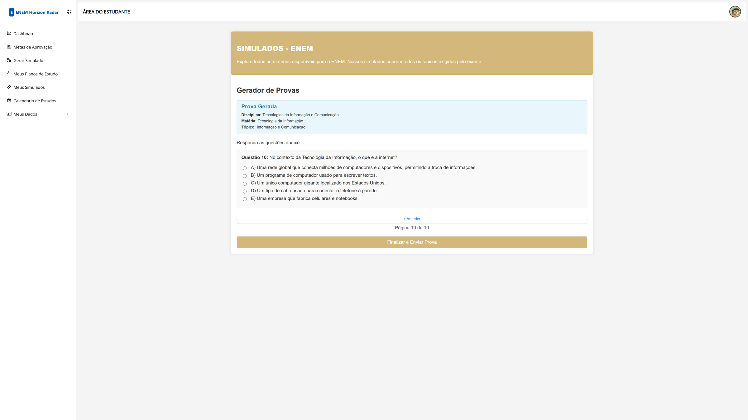 Interface para iniciar um simulado