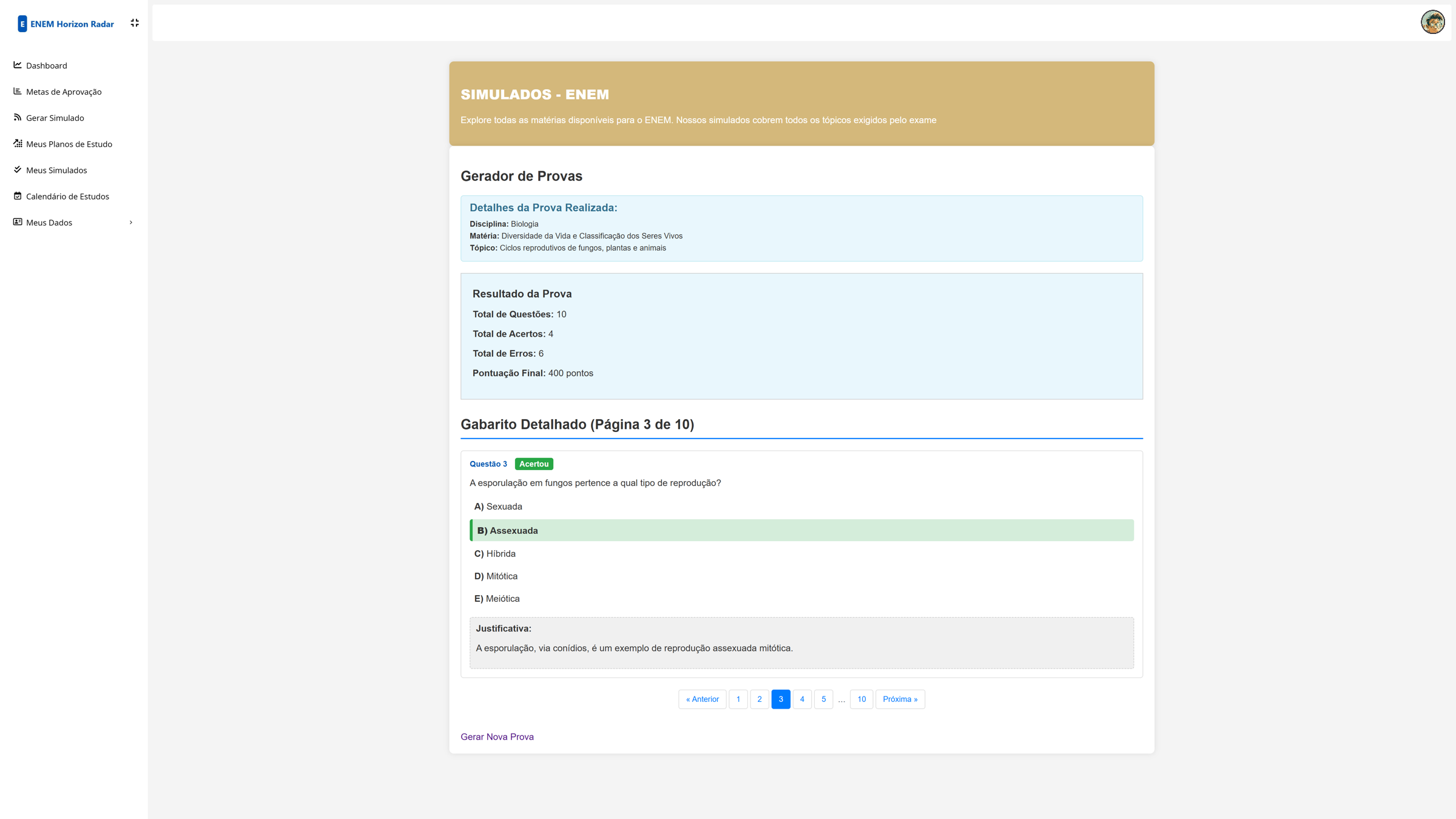 Interface para iniciar um simulado