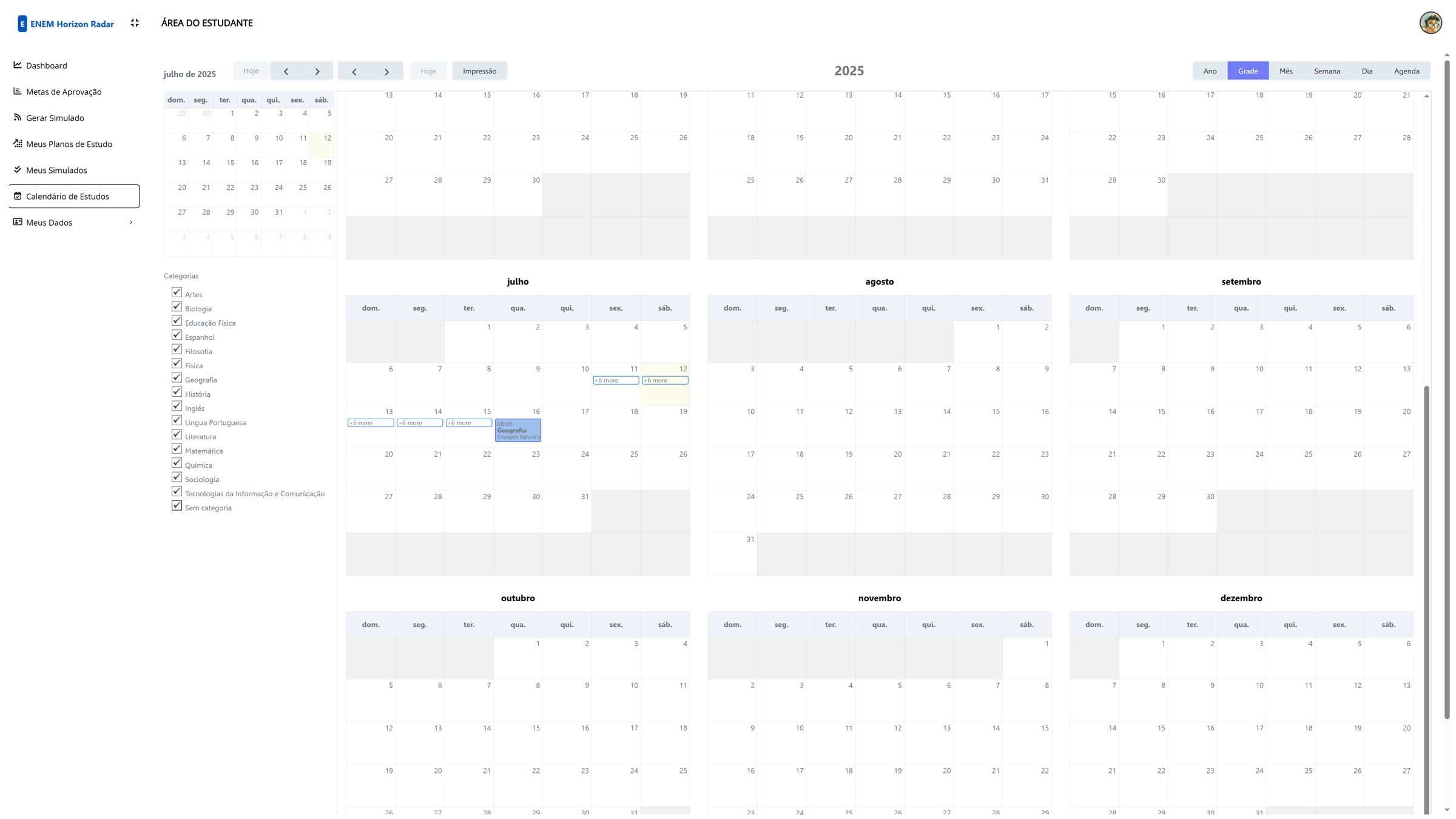 Agenda de estudos em formato de calendário