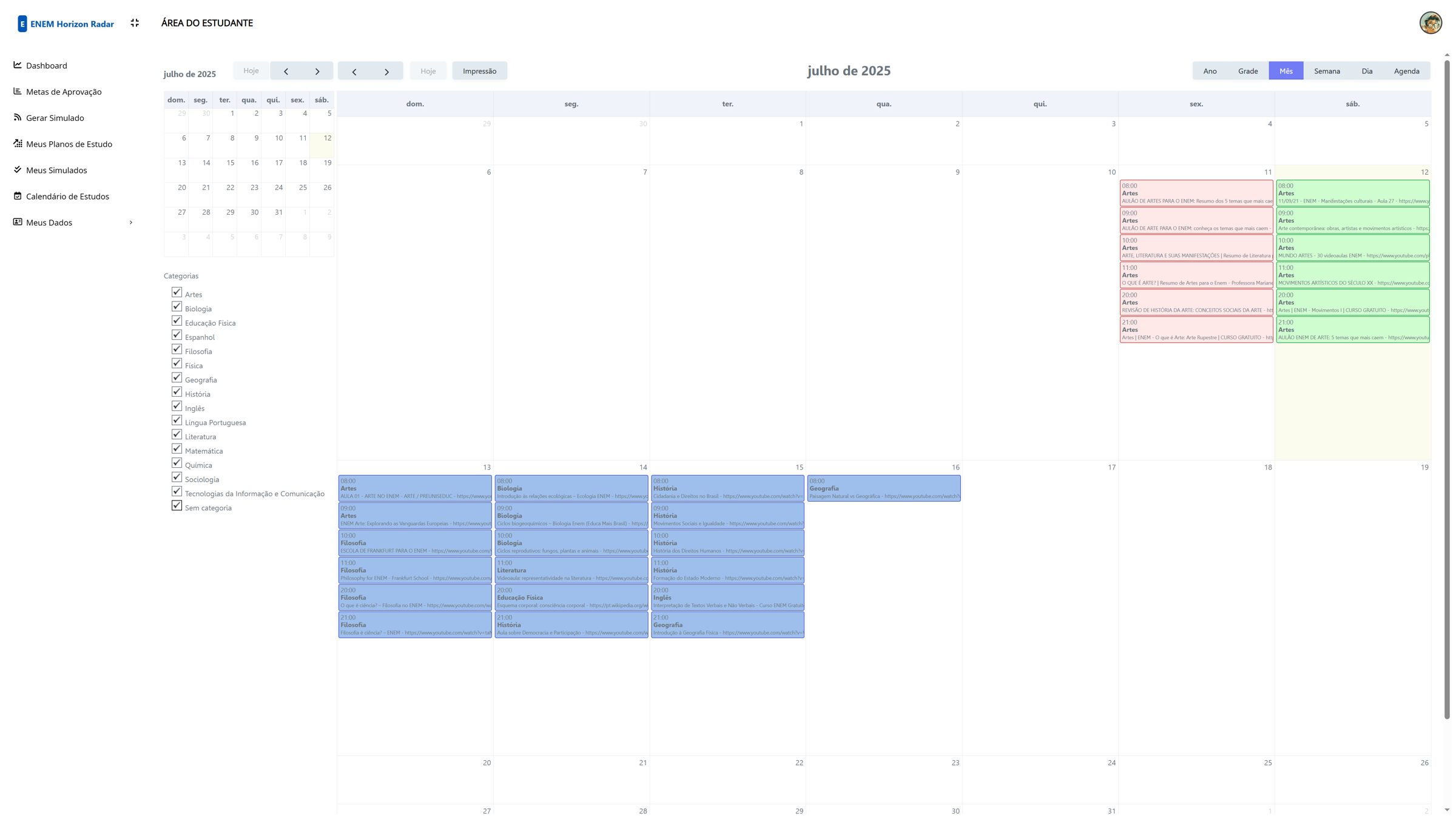 Agenda de estudos em formato de calendário